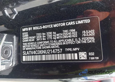 2022 Rolls-Royce Cullinan z USA, uszkodzony, nr VIN SLATV4C06NU214757